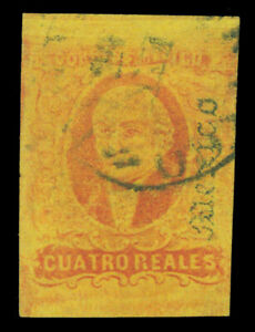 MEXICO 1867 HIDALGO  4r red, yellow - gothic dist.- Scott # 38 used VF+