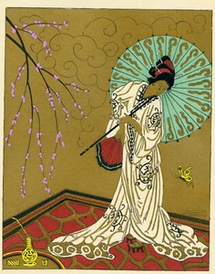 1930er französischer Pochoir Druck Art Deco japanische Geisha Kimono grüner Regenschirm golden - Bild 1 von 2