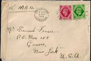 WWII England 1940 Censor Cover w/ Tape 1224 Type 1F Stockport to NYC - Picture 1 of 2