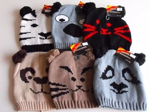 Girls/Boys Knitted Beanie Hats with Pom Pom Bobble Ears One Size - Picture 1 of 8