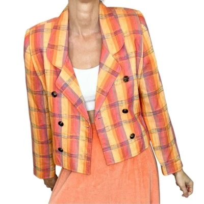 Vintage Relance peach pink yellow plaid linen blend cropped boxy blazer jacket S - Image 1 of 4