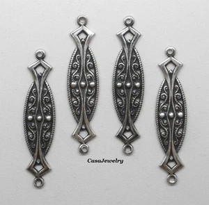 #1586 ANTIQUED STERLING SILVER PLATED OPEN FILIGREE 2 RING CONNECTOR - 4 Pcs - Picture 1 of 2