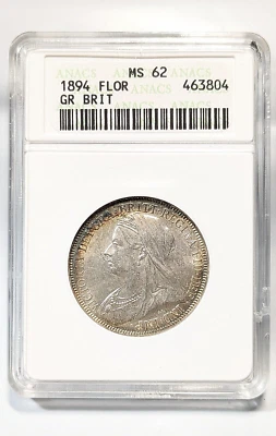 1894 Great Britain ANACS MS62 Toned Florin UK 925 Silver 2 Shillings Graded Coin - Image 1 of 4