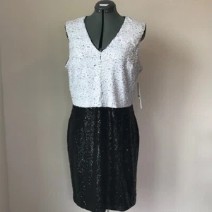 Nicole Miller Studio Black/White V-Neck Stretch Sequin Sheath Dress -Size 14 - Picture 1 of 3