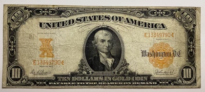 Billete de moneda de gran tamaño certificado de oro de $10 dólares de 1907 Hillegas E13349790 Foto 1 de 4