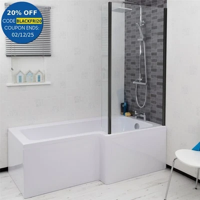 CERAMICA Bathroom L Shaped Bath Black Shower Screen Right Hand Front Panel White 1700mm