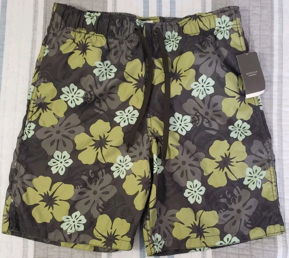 Novo com etiquetas Merona baús de natação masculinos S floral havaiano marrom verde espuma do mar forrado de malha - Imagem 1 de 4