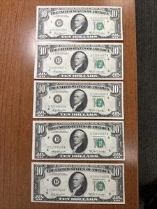 5 Consecutive 1969A $10 Federal Reserve Notes D Cleveland Crisp Uncirculated - Picture 1 of 7