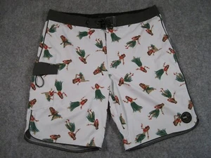 Vans Boardshorts Mens 36 White Swim Shorts Stretch Aloha Hula Girl Grass Skirt - Picture 1 of 10
