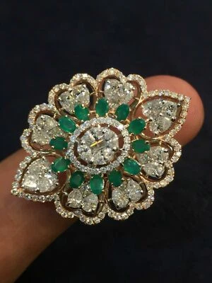 3,53 Cts Rund Birne Baguette Cut Diamanten Smaragd Cocktail-Ring In 585 14K Gold - Bild 1 von 4