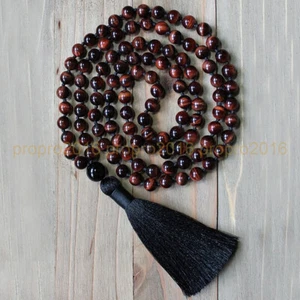 Natural Rojo Ojo de Tigre Tibetano Budista 108 Perlas de Oración Mala Collar 6/8/10mm - Imagen 1 de 7