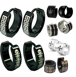 Logo Hoop Huggie Earrings Silver / Black Steel HipHop Biker Punk Men Women Hoops - Picture 1 of 17