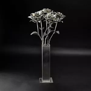 Half Dozen Metal Roses and Vase, Six Recycled Metal Roses and Vase, Immortal Ros - Picture 1 of 11