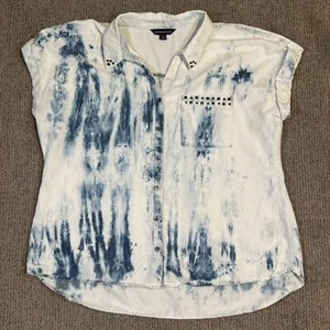 Rock & Republic Womens XL Button Up Shirt Cap Sleeve Blue White Tie Dye Studded - Picture 1 of 6