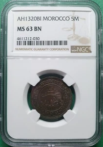 AH1320 (1902) MOROCCO 5 MAZUNAS  NGC MS 63 BN HIGH ! - Picture 1 of 4