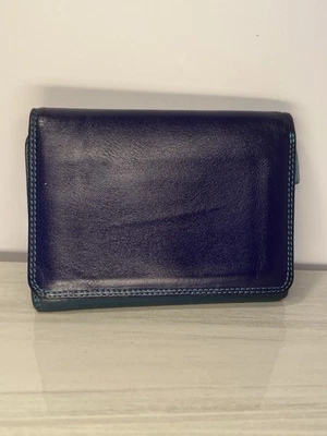 Cartera de cuero Mywalit triple pliegue multicolor azul amarillo logotipo de elefante Italia Foto 1 de 4