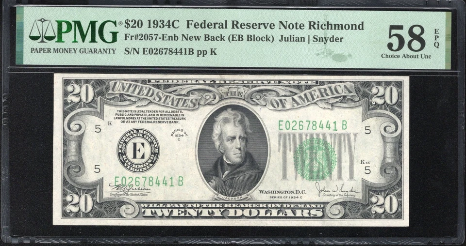 1934-C $20 RICHMOND NEW BACK FEDERAL RESERVE NOTE PMG 58 EPQ Fr 2057-Enb 78441 - Image 1 of 2