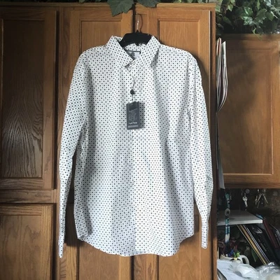 English Laundry 男式修身 XL 17-17.5 深橄榄几何纽扣衬衫全新带标签 — 第 1/4 张图片