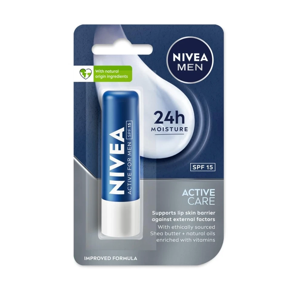Bálsamo labial NIVEA MEN Active Care 4,8 g | Fórmula hidratante fundida 24 H Foto 1 de 3