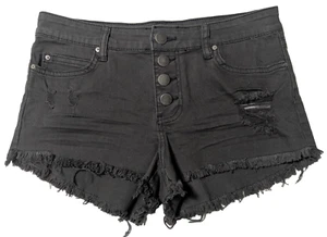 BILLABONG Women Size 26 Black Button-Fly Raw Hem 2" Stretch Denim Shorts - Picture 1 of 12