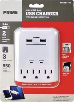 Prime PBUSB343S 125V 3-Outlet & 3.4A 2-USB Charger With Surge - Image 1 of 2