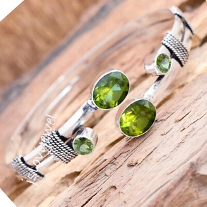 Faceted Peridot Gemstone 925 Sterling Silver Cuff Bangle Girl's Adorable Jewelry - Picture 1 of 5