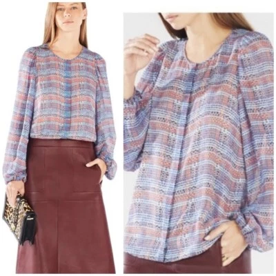 Camisa BCBGMAXAZRIA para mujer talla pequeña manga alfil a cuadros 100 % seda SOFIYA botones Foto 1 de 4