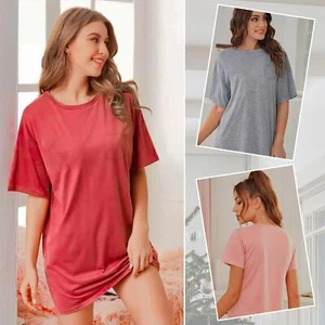 Womens Ladies T-Shirts Plain Cotton Nightwear Long T-shirt With Pocket Sleepwear - Picture 1 of 35