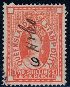 Australia - 1872 Queensland 2/6 Duty Stamp, nice cancel BF22, burele band - Picture 1 of 4