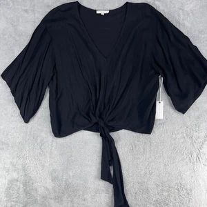 Final Touch Blouse Top Women Medium Black 100% Rayon Tie Front V-Neck 3/4 Sleeve - Picture 1 of 11