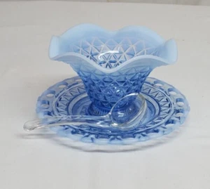 Imperial Glass KATY BLUE Opalescent Laced Edge 3-pc MAYONNAISE SET Bowl RARE HTF - Picture 1 of 8