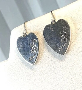 Silver Tone Modern Heart Shaped Drop Earrings Flower Engraved Detail French Hook - Picture 1 of 5