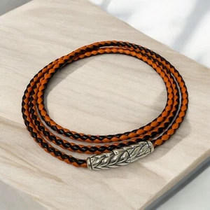 David Yurman Sterling Silver Chevron Triple Wrap Orange & Black Leather Bracelet - Picture 1 of 3