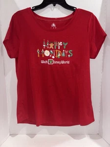 Walt Disney World Women’s Red Happy Holidays T Shirt Size Large NWOT Embroidered - Picture 1 of 4