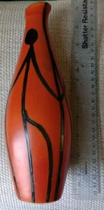 1960s Hungarian Tofej Pottery Vase Orange & Black Matchstick figure style - Picture 1 of 7