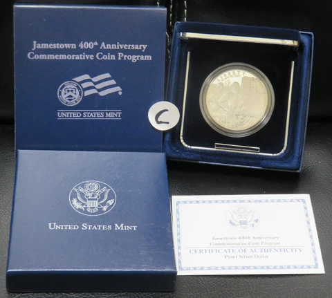 2007 Jamestown 400th Anniversary Proof Commemorative Silver Dollar Box & COA Cover