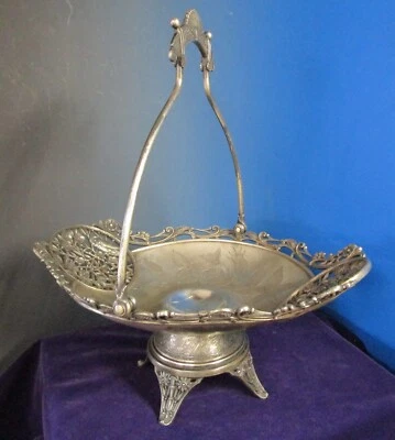 Antique Silverplate Handled Bowl Oriental Aesthetic Motif Parrots Engraved 1880s - Image 1 of 4