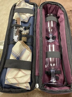 Estuche para tiempo de picnic botella individual, 2 vasos de plástico, servilletas, sacacorchos, tapón Foto 1 de 4