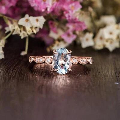 Anillo de compromiso de oro rosa sólido de 14 k con aguamarina natural y diamantes de corte ovalado de 1 quilate Foto 1 de 4