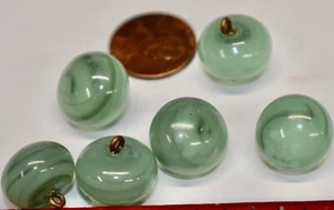VINTAGE 6 SWIRLY SEAFOAM GREEN JAPANESE GLASS BUTTONS BULBOUS BALLS 15.3mm - Picture 1 of 1