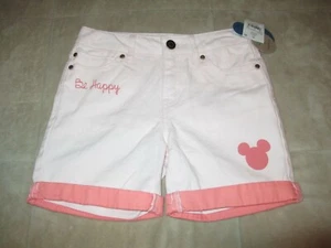 Disney Pink Peach "Be Happy" Mickey Mouse Junk Food Girls Jean Denim Shorts S 6X - Picture 1 of 7
