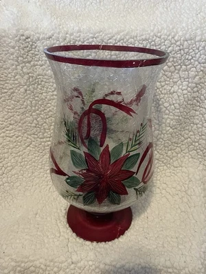 Crackle Glass Candle Holder Christmas Decor Poinsettia Flower Berries Vintage - Image 1 of 3