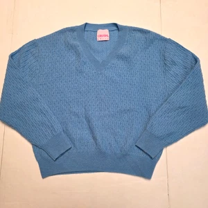 Nwot CRUSH Pointelle Malibu V Neck Pullover Sweater Women 1 Small CASHMERE Blue - Picture 1 of 6