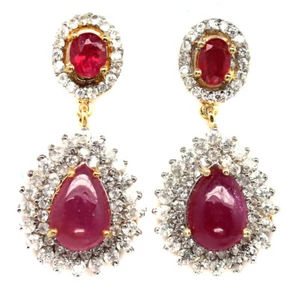 925 Sterling Silver 7 x 10 MM. Red Ruby & White Zircon Two Tone Earrings - Picture 1 of 4