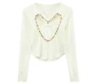 Womens Fashion V Neck Long Sleeve Diamante Heart Slim Kniting Sweaters Pullover