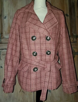 Nick and Mo Anthropologie Pink Plaid Jacket Pea Coat Belt L Large *22 - Image 1 of 4