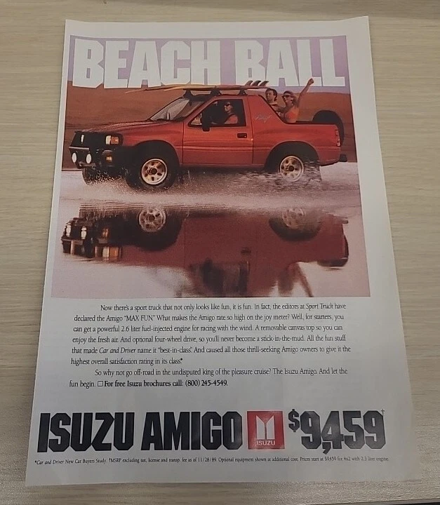 Anuncio impreso original vintage 1990 Isuzu Amigo Sports Truck Have A Beach Ball Foto 1 de 1