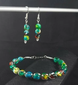 Handmade Silver Tone Wire Wrapped Beaded Bracelet with Silver plated Earrings - Picture 1 of 9