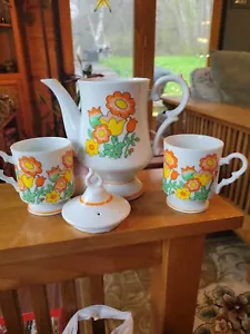 FLOWER POWER DE COLECCIÓN Boho Años 70 Juego de 2 Tulipán Flor Naranja 2 Tazas Cafetera de Té - Imagen 1 de 8