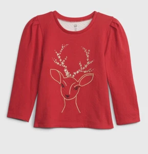 GAP toddler girl sz. 4 T puffy sleeves red sweatshirt deer print - Picture 1 of 3